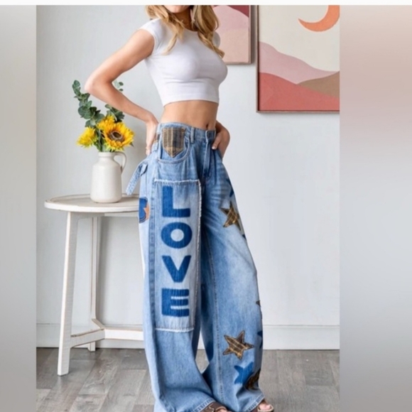 Oli & Hali Pants - Oli &Hali Love + Stars Patchwork Baggy Wide-Leg Jeans 💙